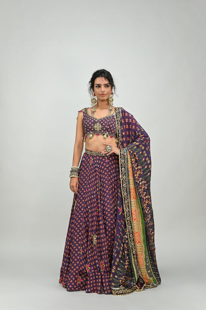 PLUM HIGHLIGHTED LEHENGA PAIRED WITH PLUM BADLA BLOUSE AND HIGHLIGHTED DUPATTA