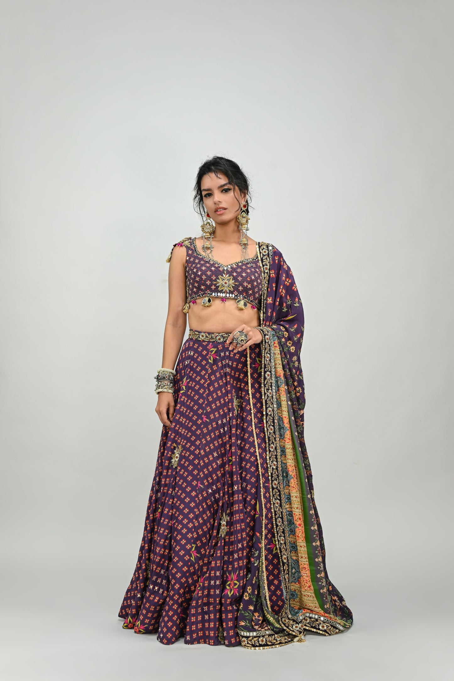 PLUM HIGHLIGHTED LEHENGA PAIRED WITH PLUM BADLA BLOUSE AND HIGHLIGHTED DUPATTA