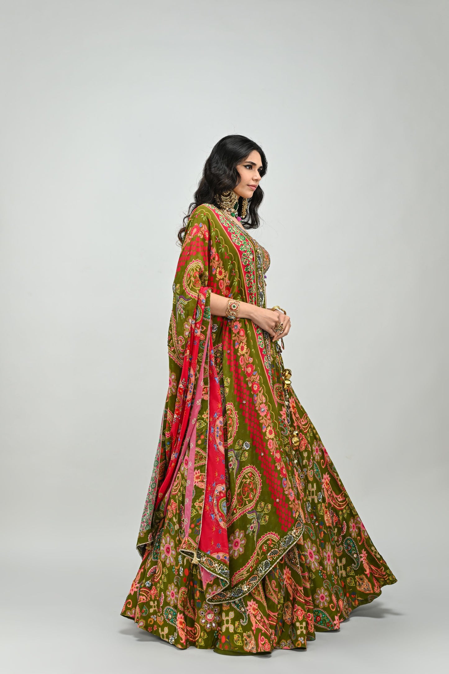 OLIVE HIGHLIGHTED LEHENGA PAIRED WITH BADLA EMBROIDERED OLIVE BLOUSE AND DUAL PRINT HIGHLIGHTED DUPATTA