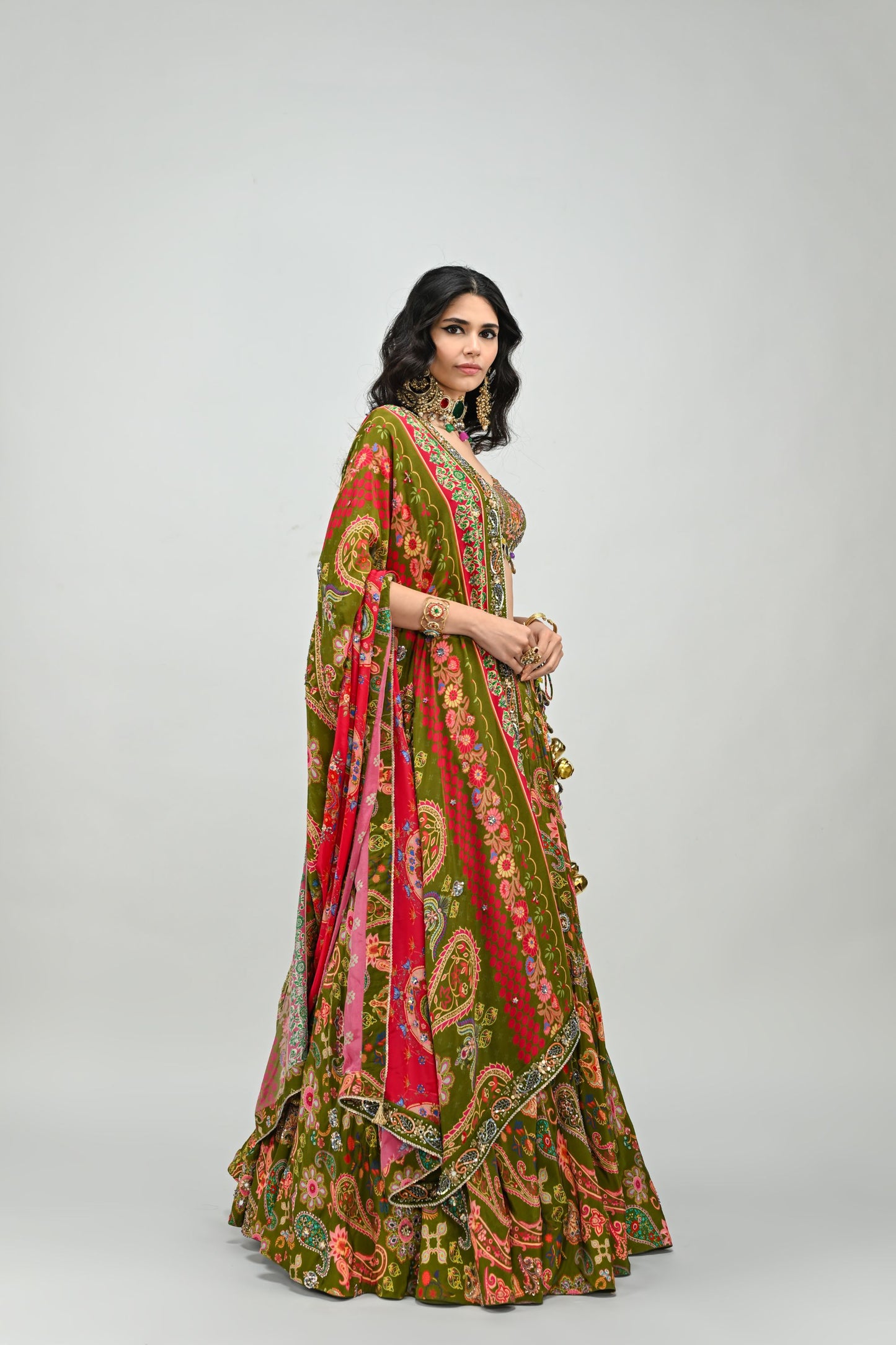 OLIVE HIGHLIGHTED LEHENGA PAIRED WITH BADLA EMBROIDERED OLIVE BLOUSE AND DUAL PRINT HIGHLIGHTED DUPATTA
