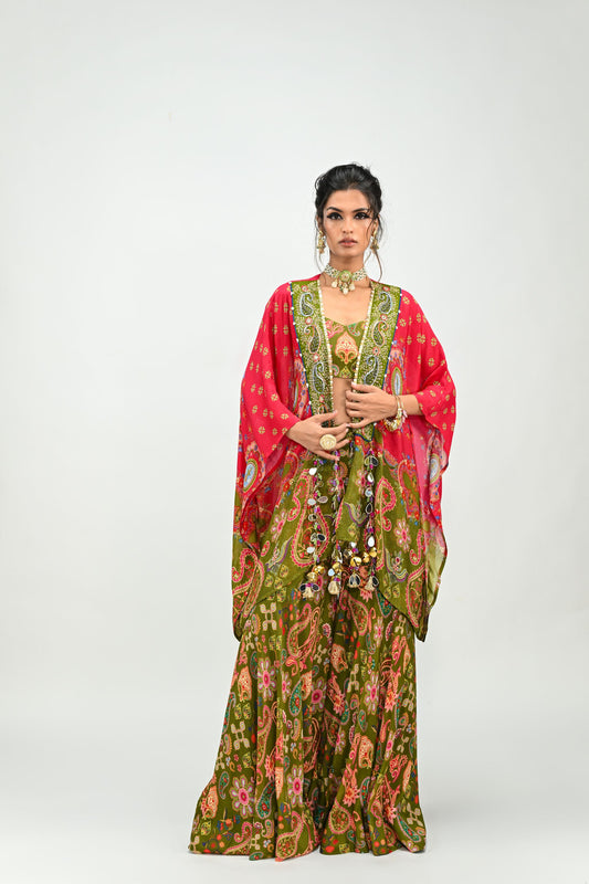 OLIVE HIGHLIGHTED SHARARA BRALETTE PAIRED WITH DUAL PRINT TOGA