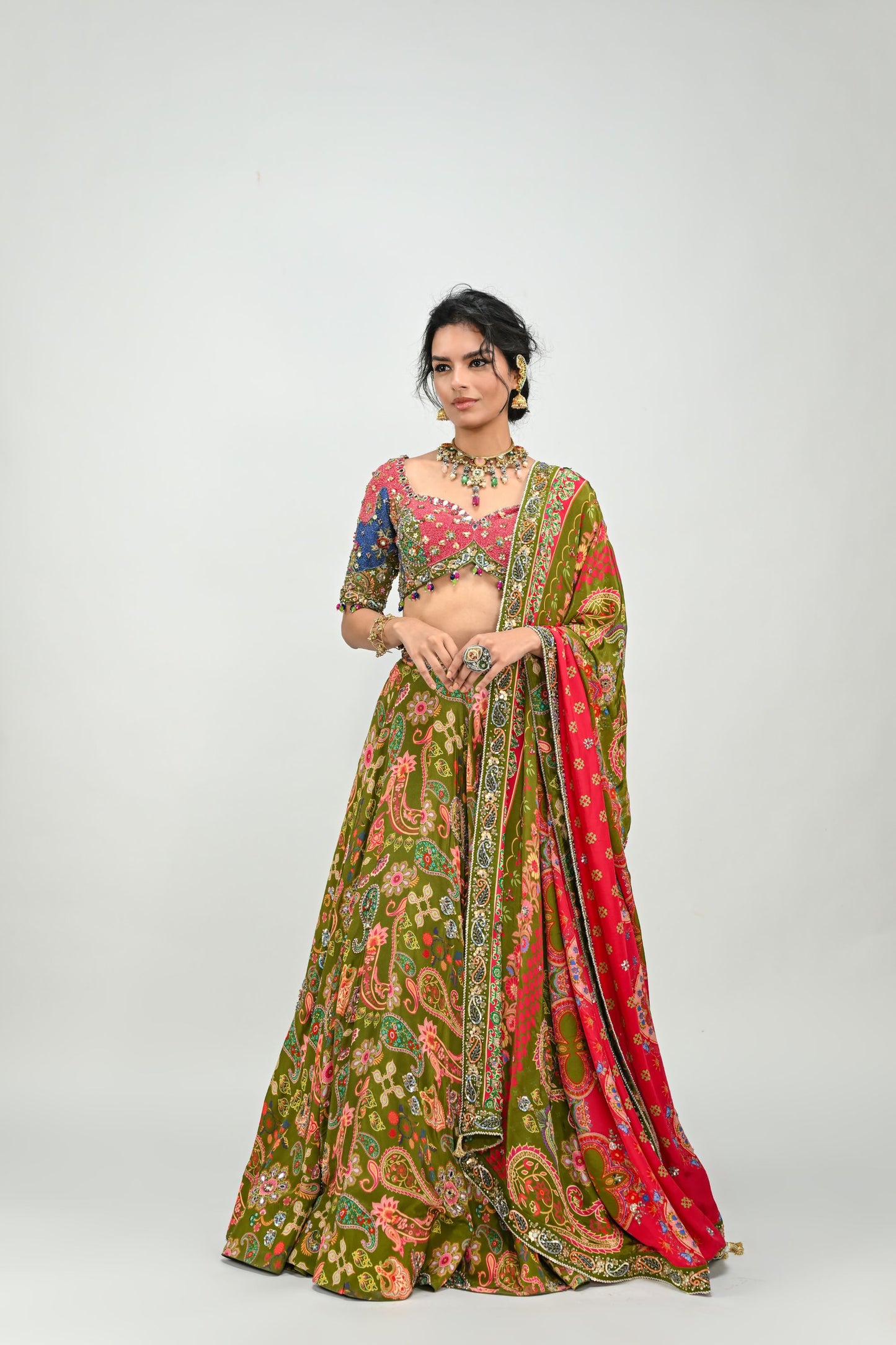 OLIVE HIGHLIGHTED LEHENGA PAIRED WITH PATCH EMBROIDERED BADLA BLOUSE AND DUAL PRINT HIGHLIGHTED DUPATTA