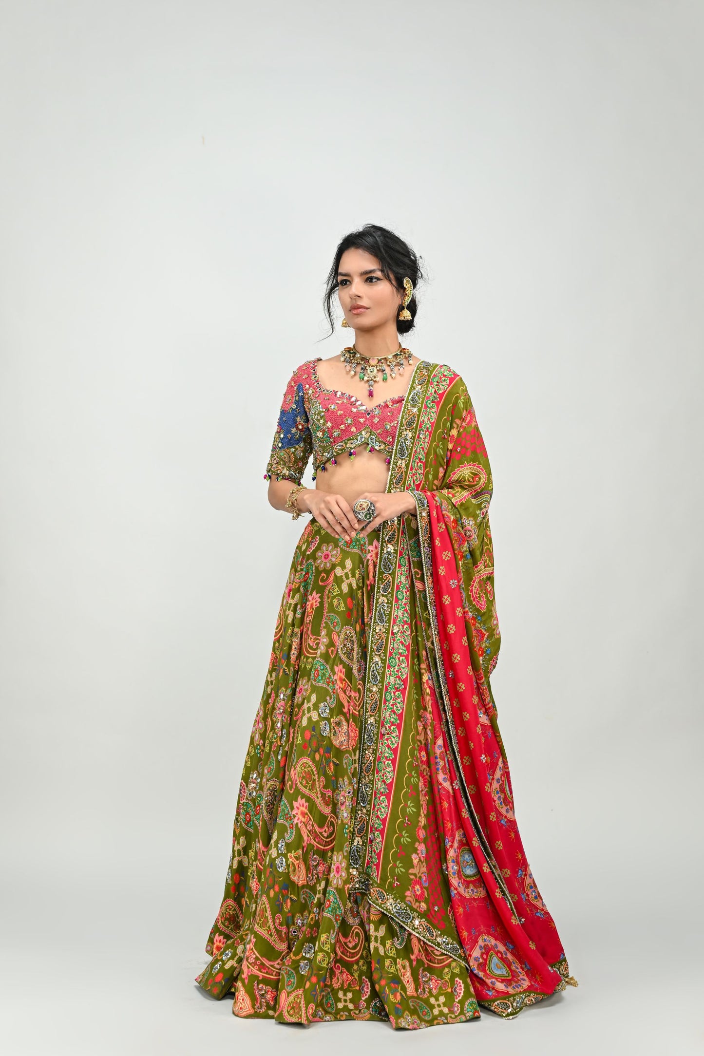 OLIVE HIGHLIGHTED LEHENGA PAIRED WITH PATCH EMBROIDERED BADLA BLOUSE AND DUAL PRINT HIGHLIGHTED DUPATTA