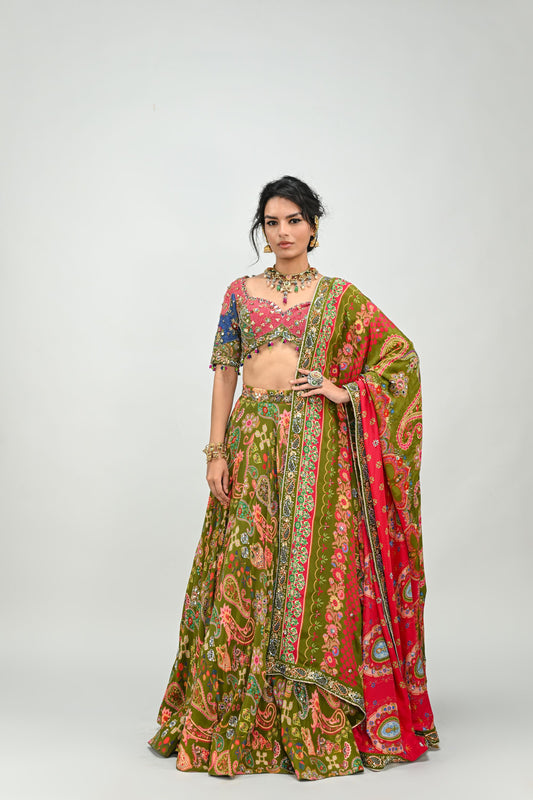 OLIVE HIGHLIGHTED LEHENGA PAIRED WITH PATCH EMBROIDERED BADLA BLOUSE AND DUAL PRINT HIGHLIGHTED DUPATTA