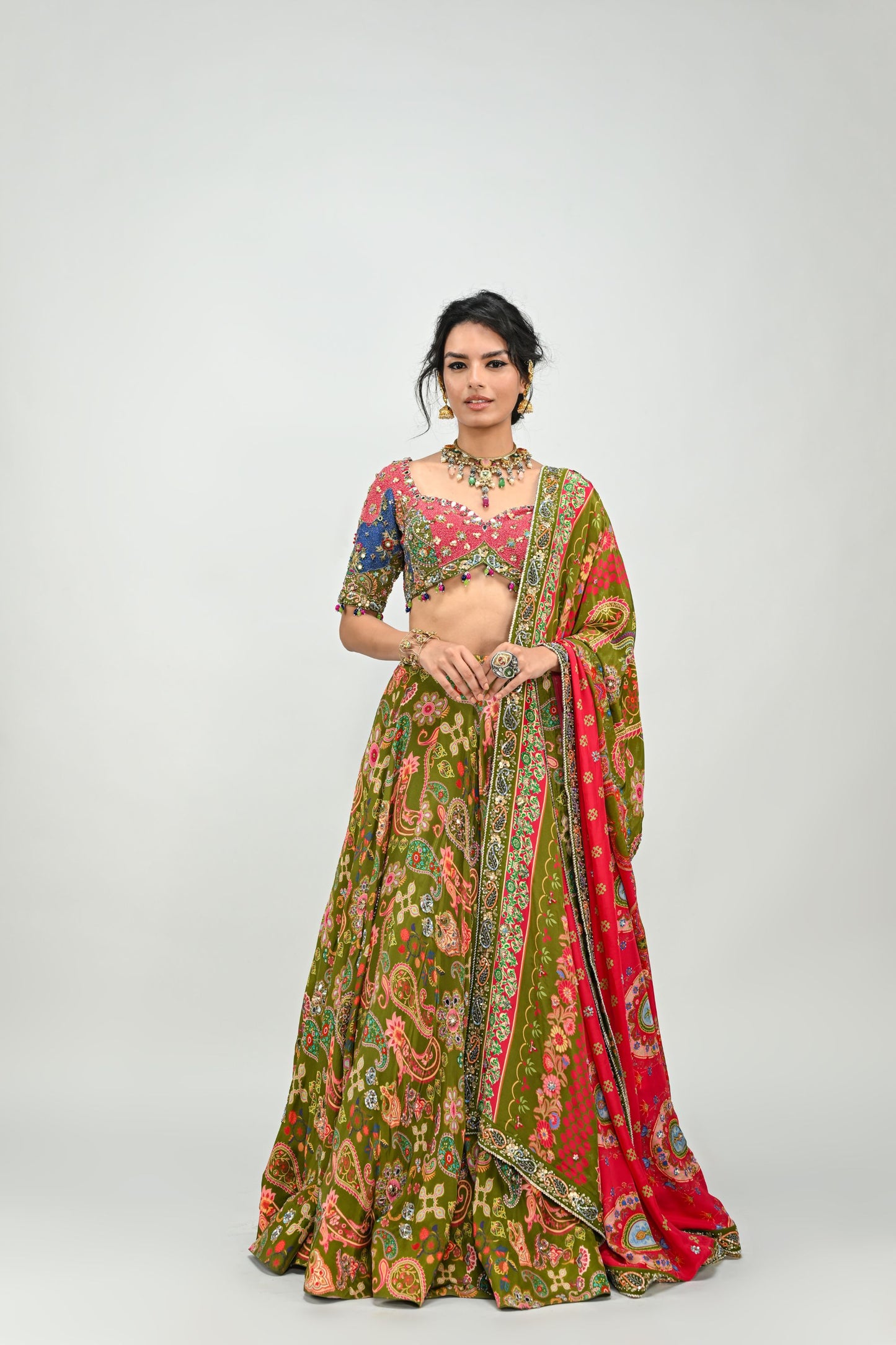 OLIVE HIGHLIGHTED LEHENGA PAIRED WITH PATCH EMBROIDERED BADLA BLOUSE AND DUAL PRINT HIGHLIGHTED DUPATTA