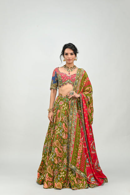 OLIVE HIGHLIGHTED LEHENGA PAIRED WITH PATCH EMBROIDERED BADLA BLOUSE AND DUAL PRINT HIGHLIGHTED DUPATTA