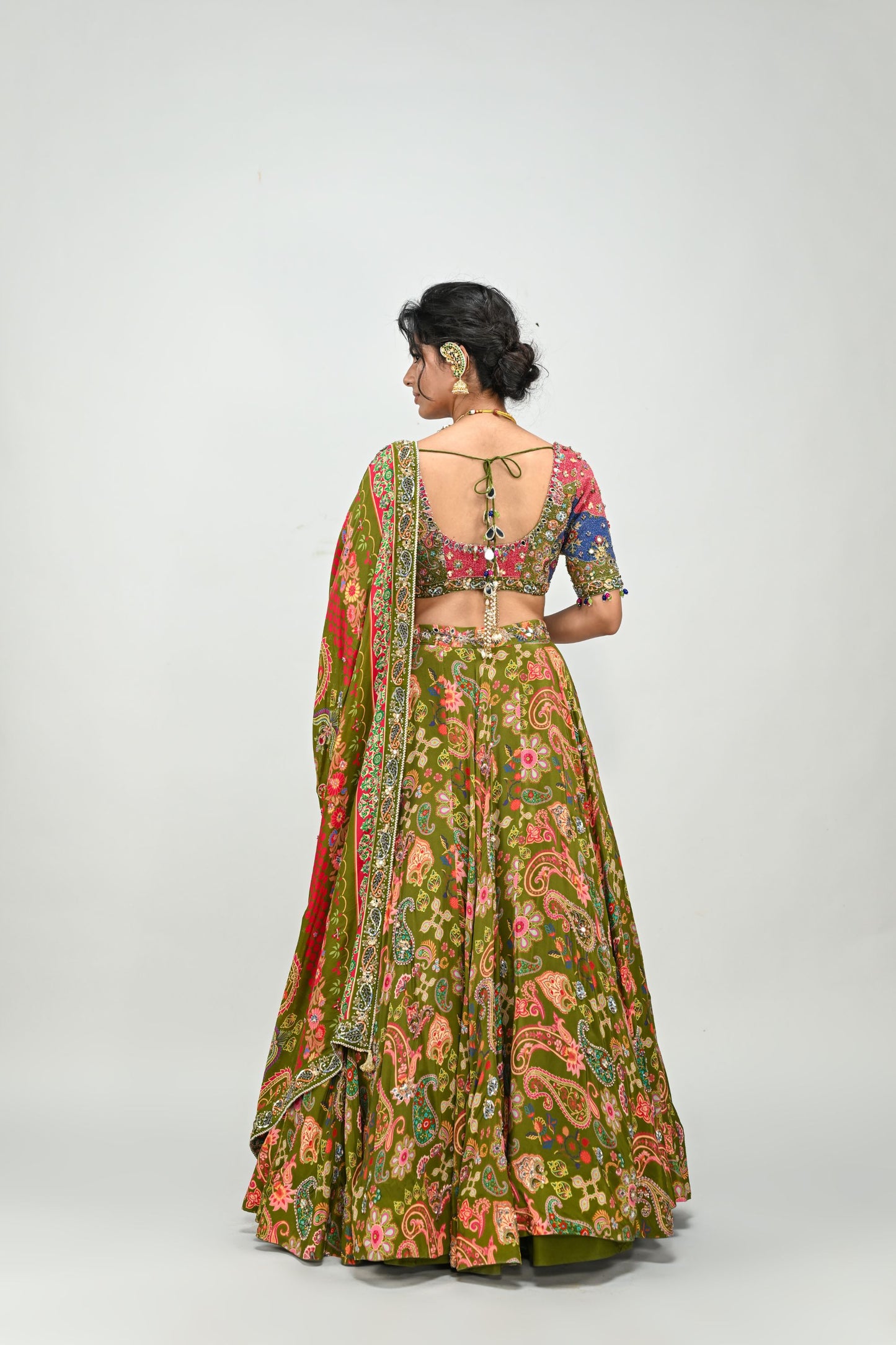 OLIVE HIGHLIGHTED LEHENGA PAIRED WITH PATCH EMBROIDERED BADLA BLOUSE AND DUAL PRINT HIGHLIGHTED DUPATTA