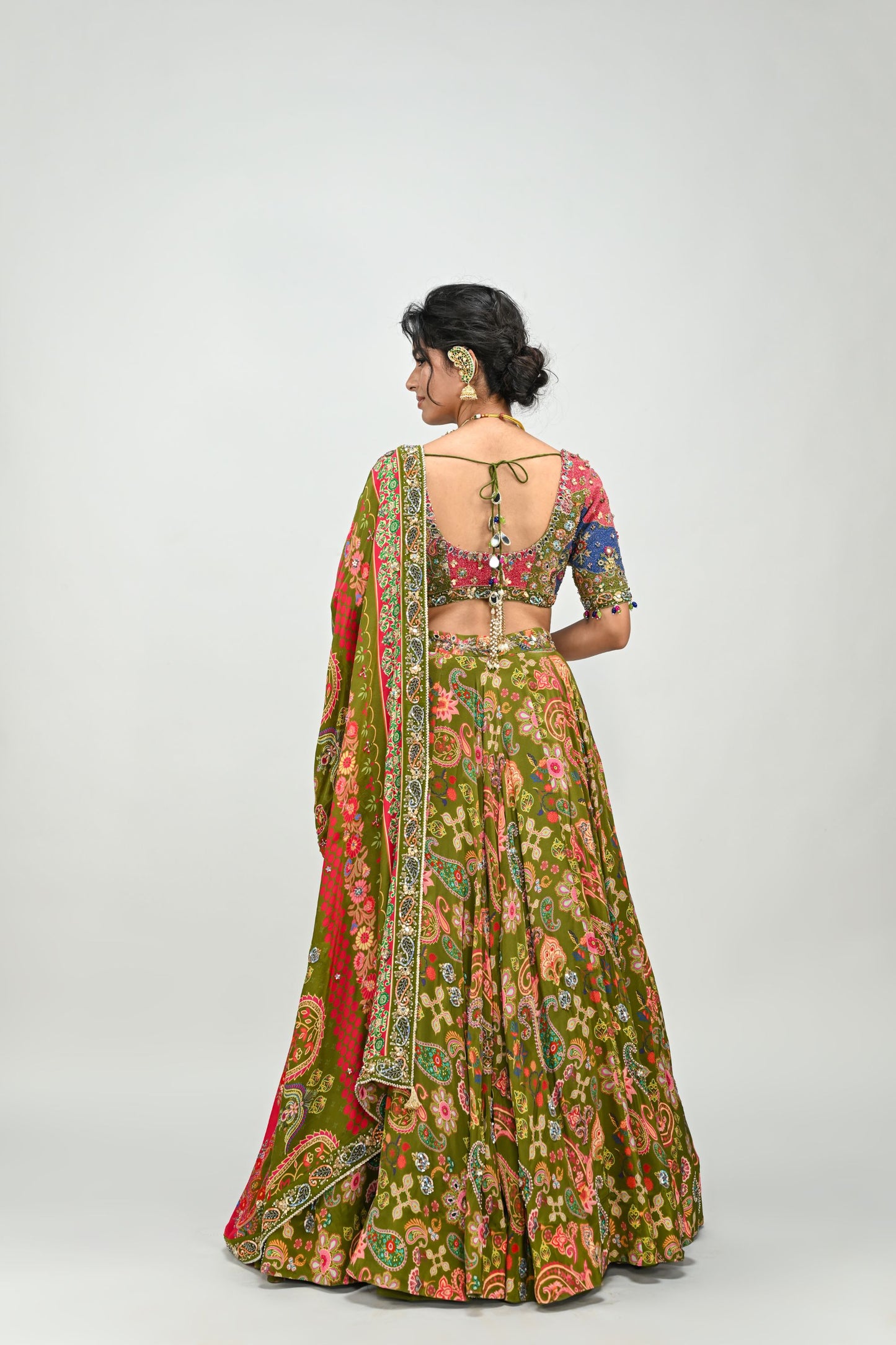 OLIVE HIGHLIGHTED LEHENGA PAIRED WITH PATCH EMBROIDERED BADLA BLOUSE AND DUAL PRINT HIGHLIGHTED DUPATTA