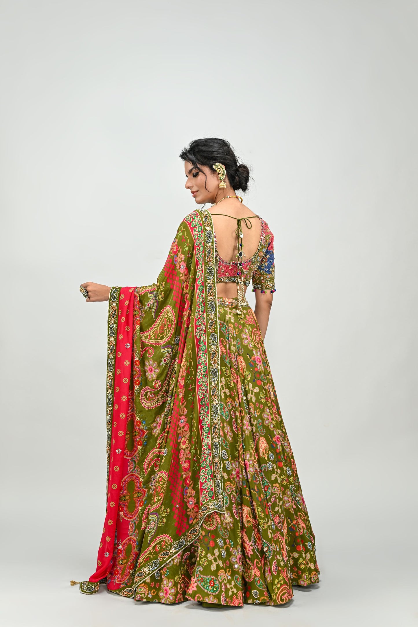 OLIVE HIGHLIGHTED LEHENGA PAIRED WITH PATCH EMBROIDERED BADLA BLOUSE AND DUAL PRINT HIGHLIGHTED DUPATTA