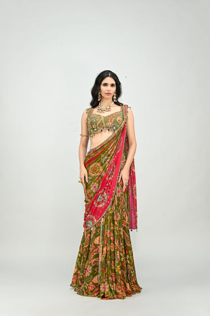 OLIVE HIGHLIGHTED DUAL PRESTITCHED SAREE WITH BADLA EMBROIDERED GREEN BLOUSE