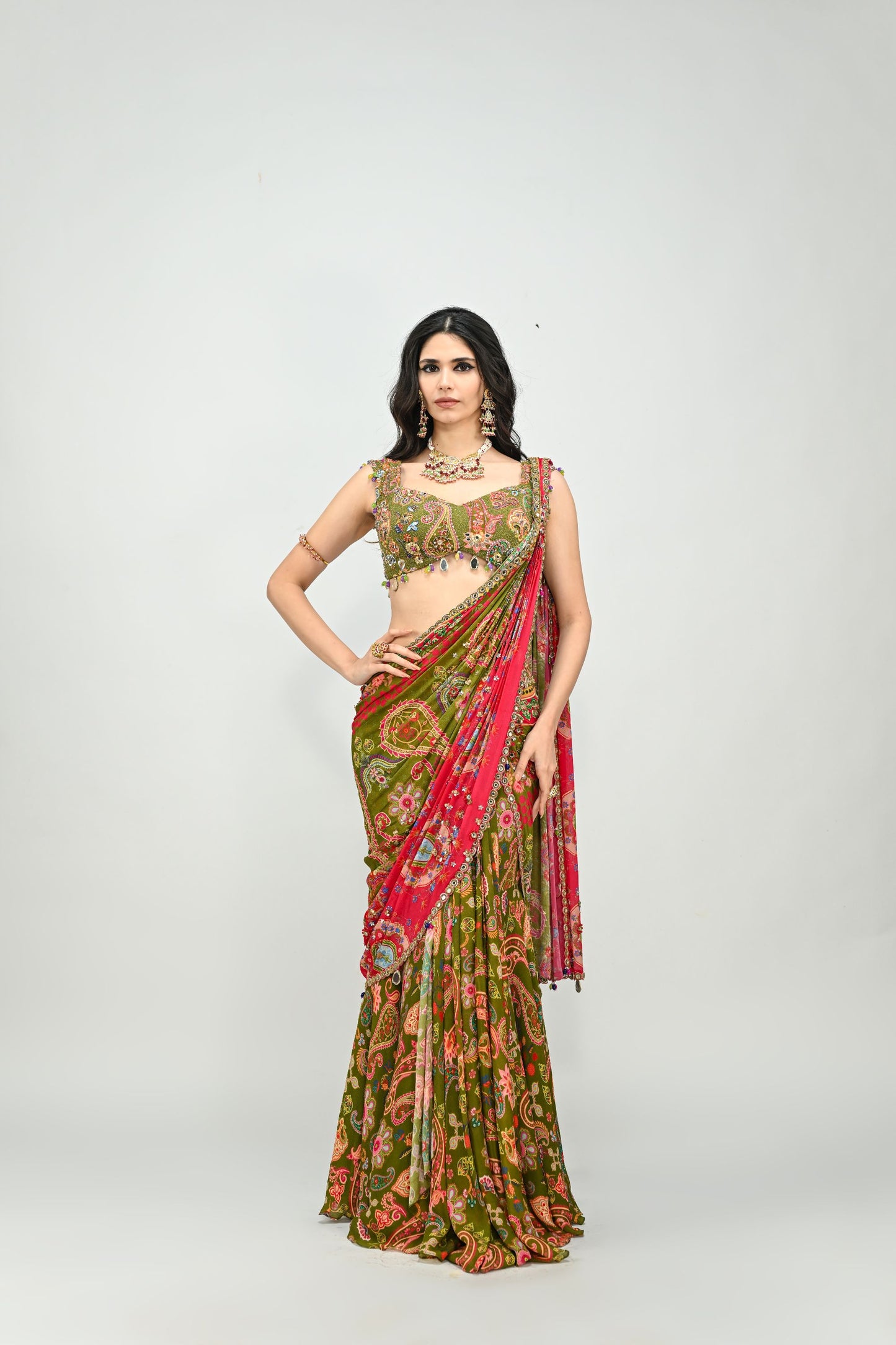OLIVE HIGHLIGHTED DUAL PRESTITCHED SAREE WITH BADLA EMBROIDERED GREEN BLOUSE