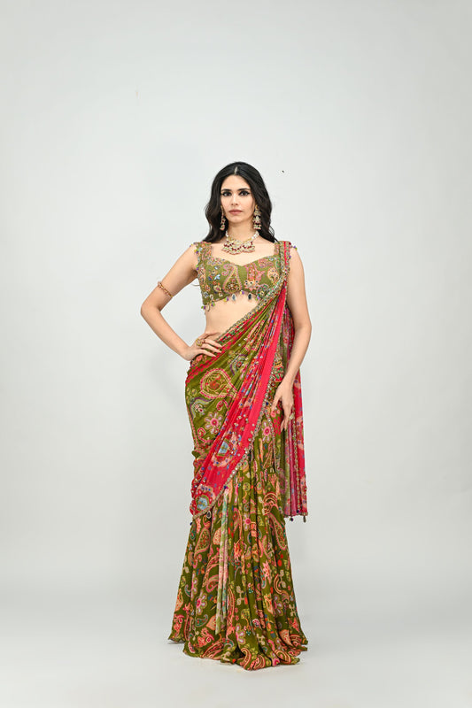 OLIVE HIGHLIGHTED DUAL PRESTITCHED SAREE WITH BADLA EMBROIDERED GREEN BLOUSE