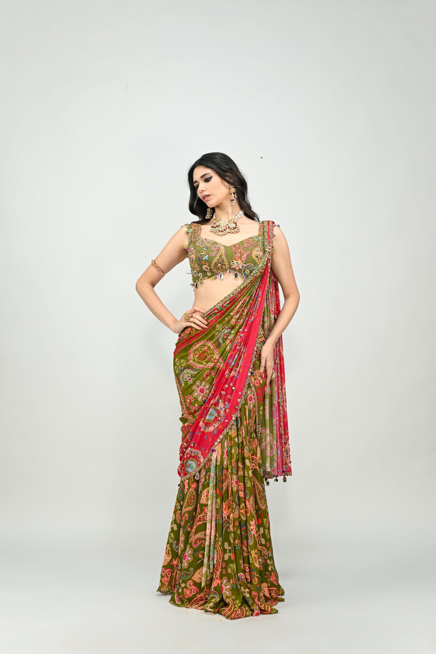 OLIVE HIGHLIGHTED DUAL PRESTITCHED SAREE WITH BADLA EMBROIDERED GREEN BLOUSE