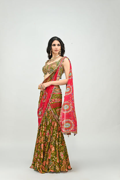 OLIVE HIGHLIGHTED DUAL PRESTITCHED SAREE WITH BADLA EMBROIDERED GREEN BLOUSE