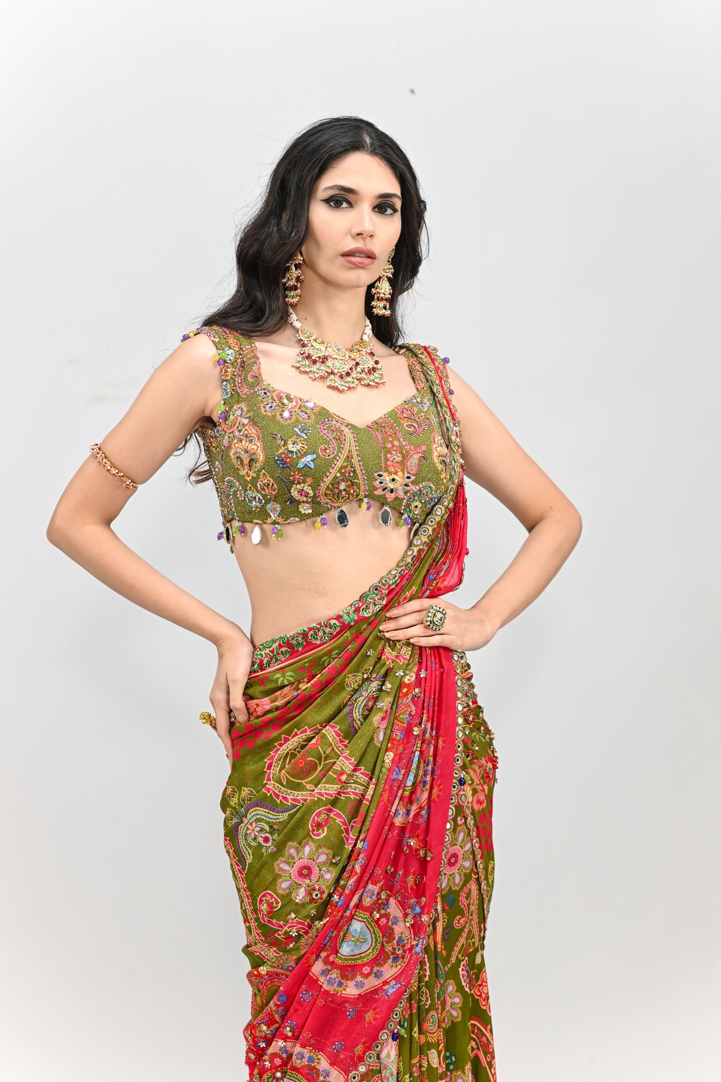 OLIVE HIGHLIGHTED DUAL PRESTITCHED SAREE WITH BADLA EMBROIDERED GREEN BLOUSE