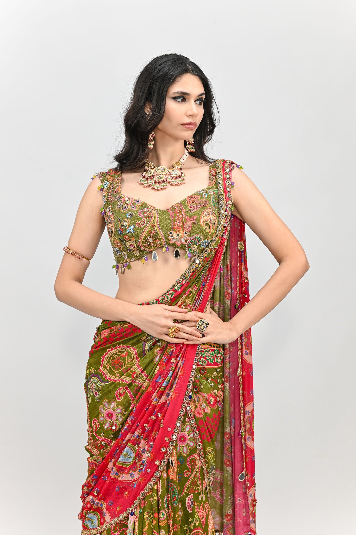 OLIVE HIGHLIGHTED DUAL PRESTITCHED SAREE WITH BADLA EMBROIDERED GREEN BLOUSE