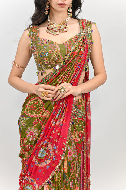 OLIVE HIGHLIGHTED DUAL PRESTITCHED SAREE WITH BADLA EMBROIDERED GREEN BLOUSE