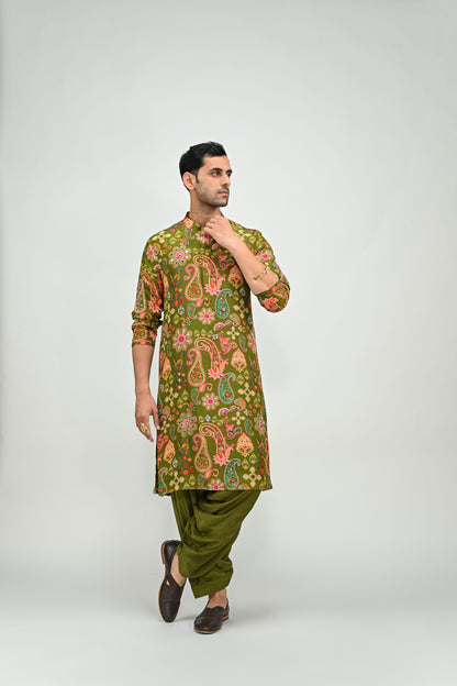 OLIVE HIGHLIGHTED KURTA PAIRED WITH COWL PANTS