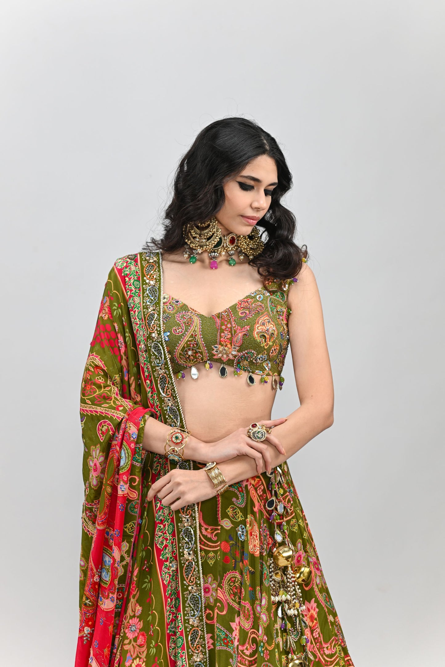 OLIVE HIGHLIGHTED LEHENGA PAIRED WITH BADLA EMBROIDERED OLIVE BLOUSE AND DUAL PRINT HIGHLIGHTED DUPATTA
