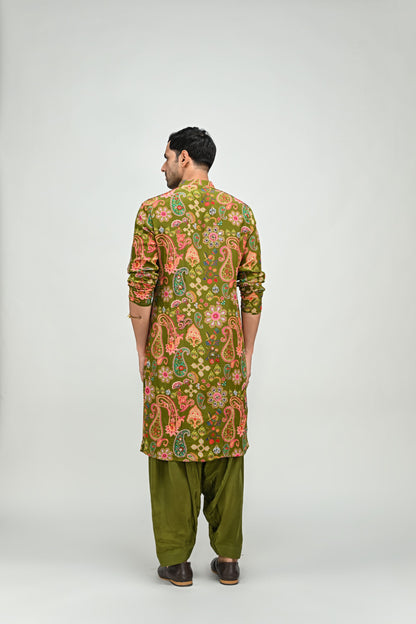 OLIVE HIGHLIGHTED KURTA PAIRED WITH COWL PANTS