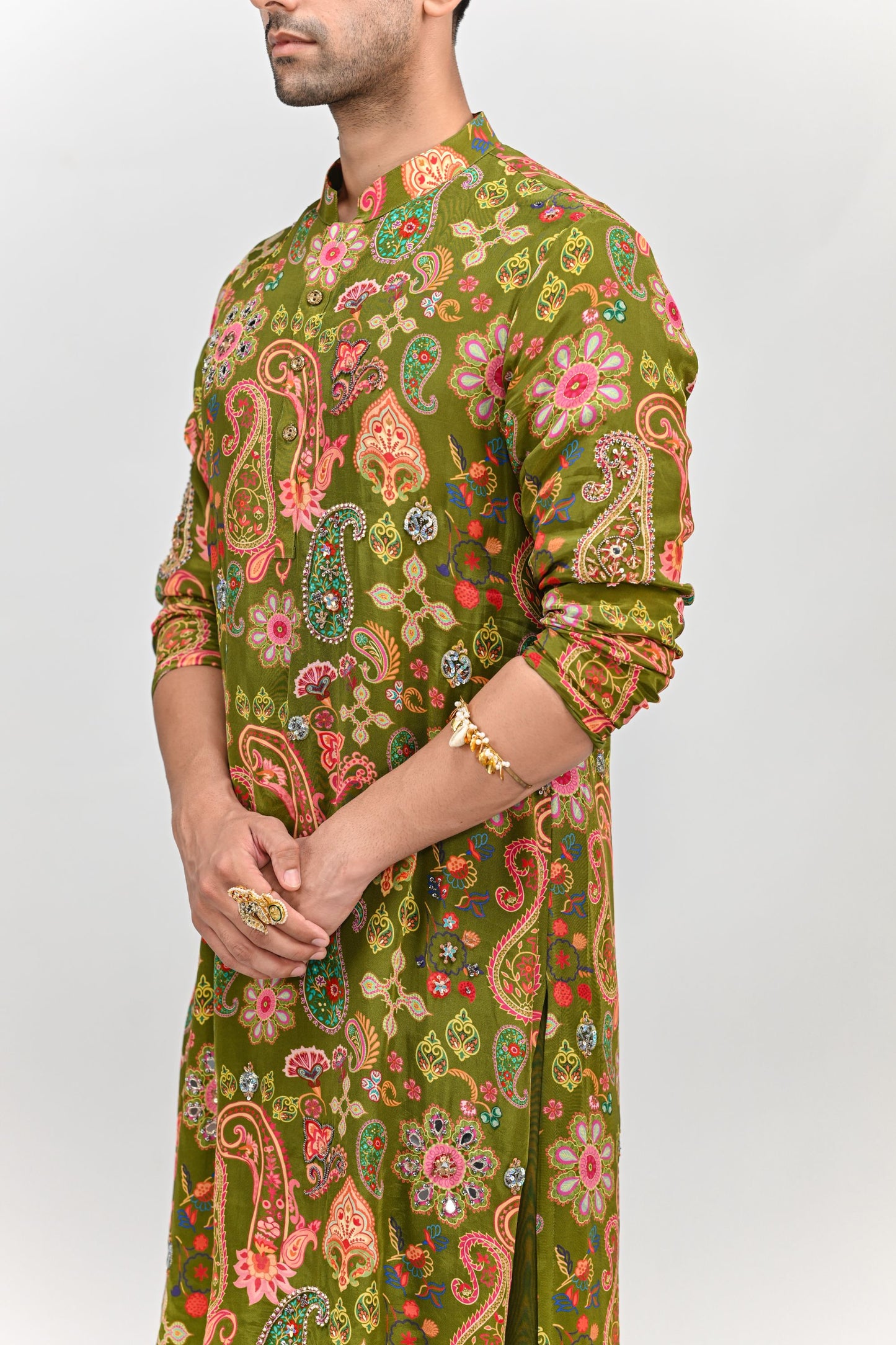 OLIVE HIGHLIGHTED KURTA PAIRED WITH COWL PANTS