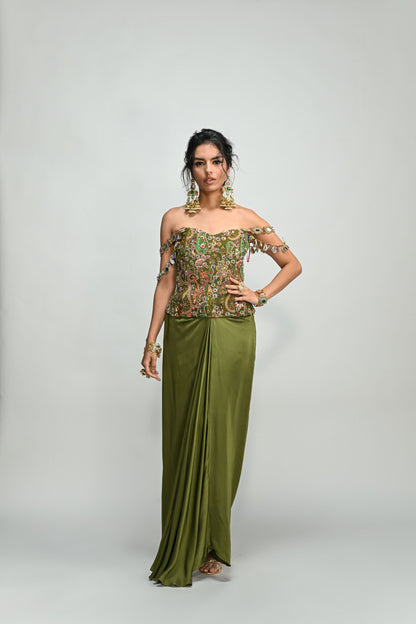 OLIVE BADLA EMBROIDERED CORSET PAIRED WITH OLIVE COWL SKIRT