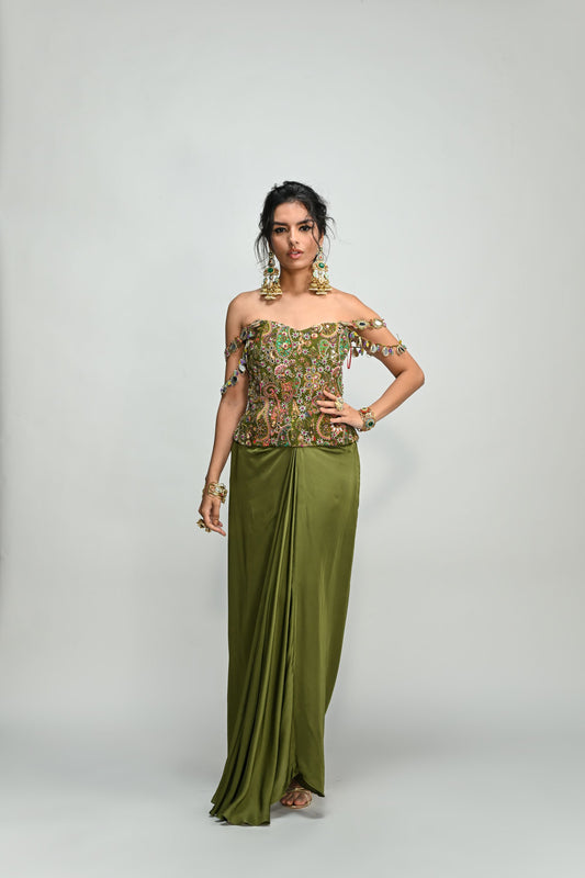OLIVE BADLA EMBROIDERED CORSET PAIRED WITH OLIVE COWL SKIRT