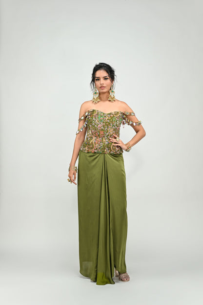 OLIVE BADLA EMBROIDERED CORSET PAIRED WITH OLIVE COWL SKIRT