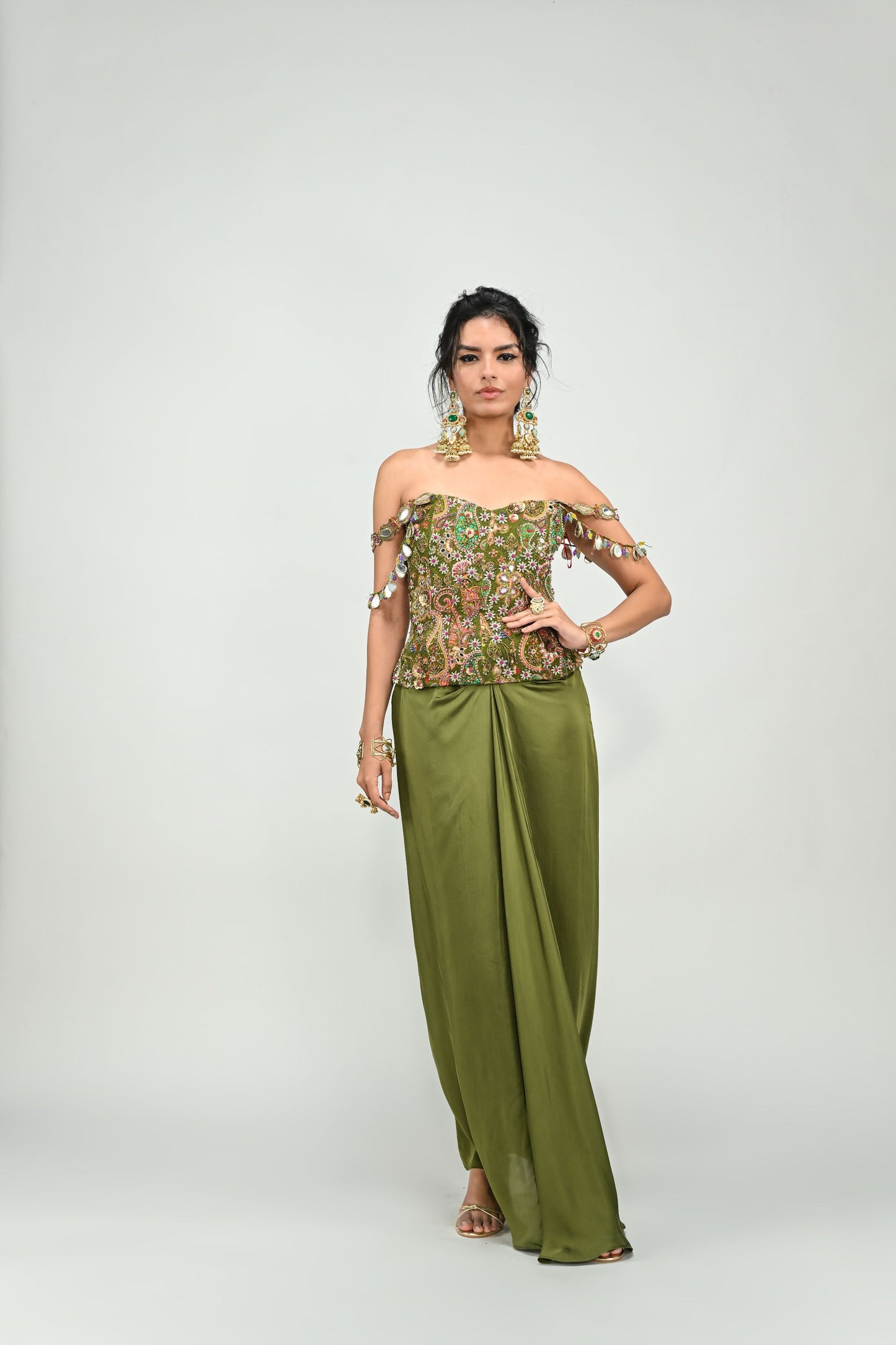 OLIVE BADLA EMBROIDERED CORSET PAIRED WITH OLIVE COWL SKIRT