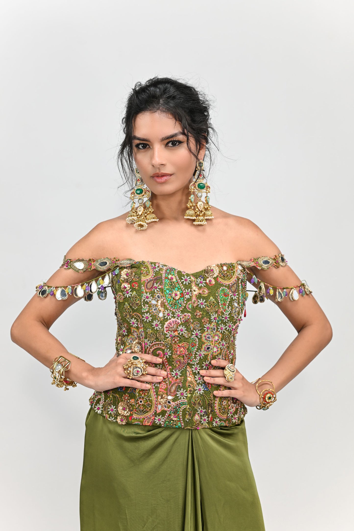 OLIVE BADLA EMBROIDERED CORSET PAIRED WITH OLIVE COWL SKIRT
