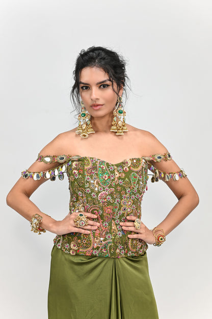 OLIVE BADLA EMBROIDERED CORSET PAIRED WITH OLIVE COWL SKIRT
