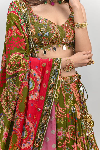 OLIVE HIGHLIGHTED LEHENGA PAIRED WITH BADLA EMBROIDERED OLIVE BLOUSE AND DUAL PRINT HIGHLIGHTED DUPATTA