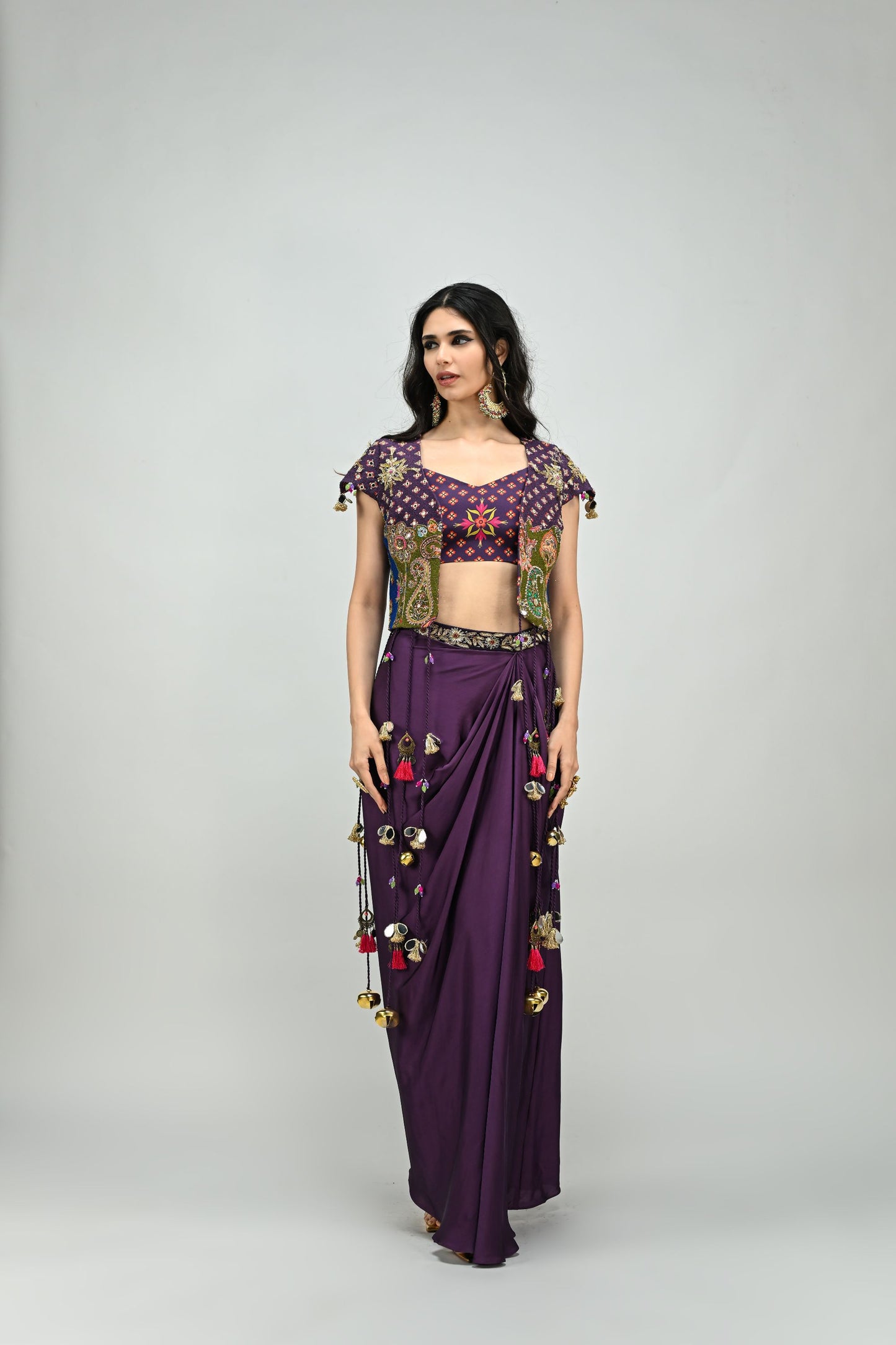 PLUM PATCH HIGHLIGHTED TASSEL JACKET DHOTI SKIRT SET