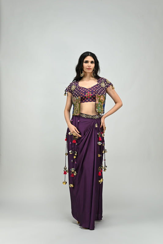 PLUM PATCH HIGHLIGHTED TASSEL JACKET DHOTI SKIRT SET