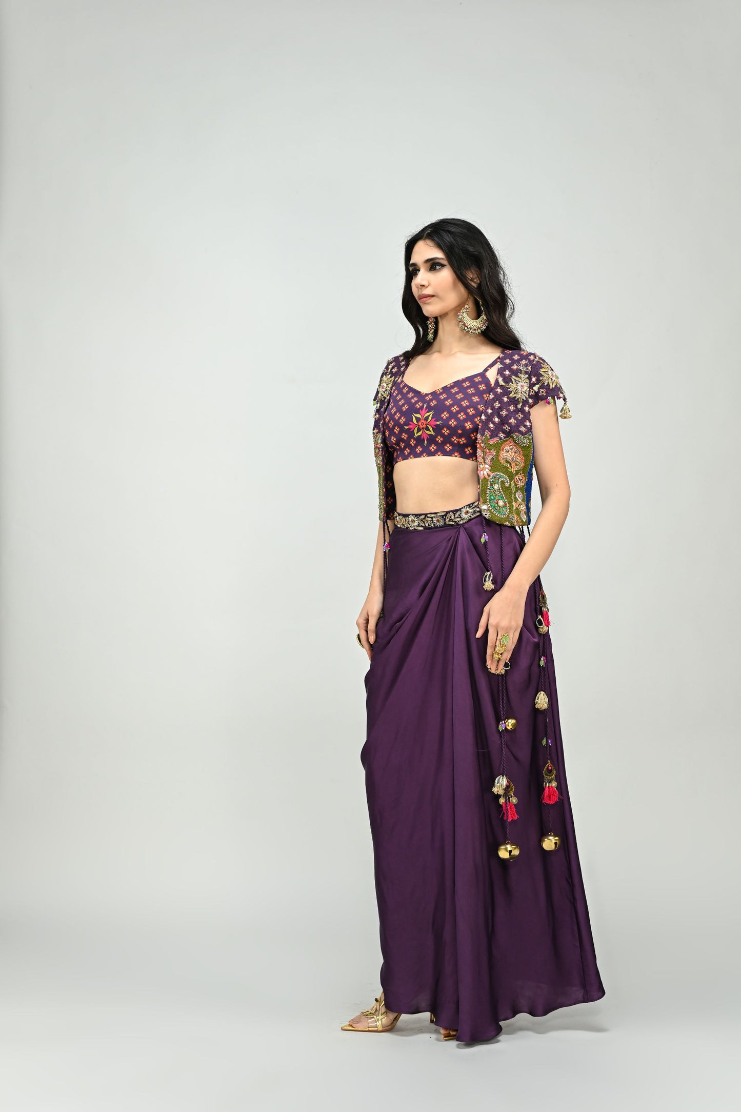 PLUM PATCH HIGHLIGHTED TASSEL JACKET DHOTI SKIRT SET