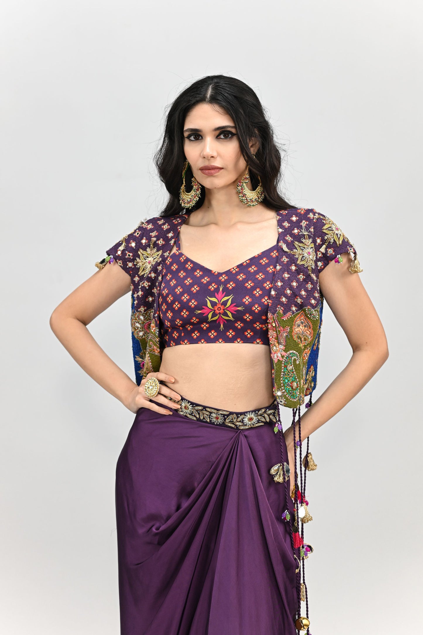 PLUM PATCH HIGHLIGHTED TASSEL JACKET DHOTI SKIRT SET