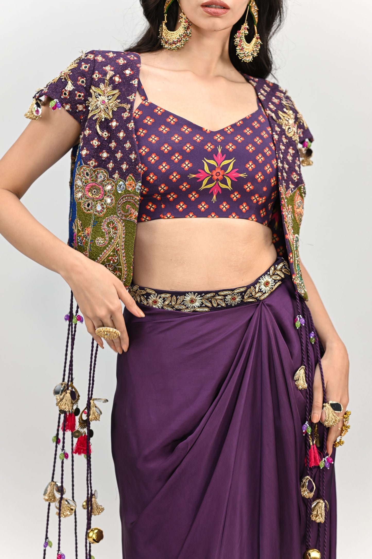 PLUM PATCH HIGHLIGHTED TASSEL JACKET DHOTI SKIRT SET