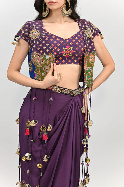 PLUM PATCH HIGHLIGHTED TASSEL JACKET DHOTI SKIRT SET
