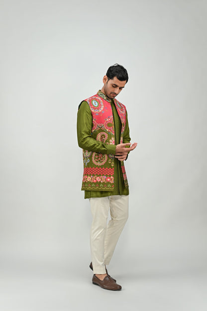 OLIVE PRINTED HIGHLIGHTED HALF JACKET /FULL SET
