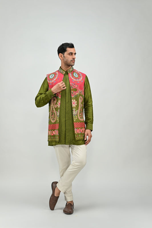 OLIVE PRINTED HIGHLIGHTED HALF JACKET /FULL SET