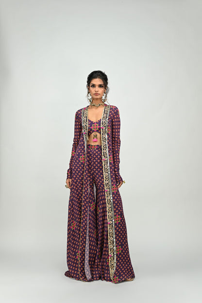 PLUM HIGHLIGHTED SHARARA BRALETTE AND LONG JACKET SET
