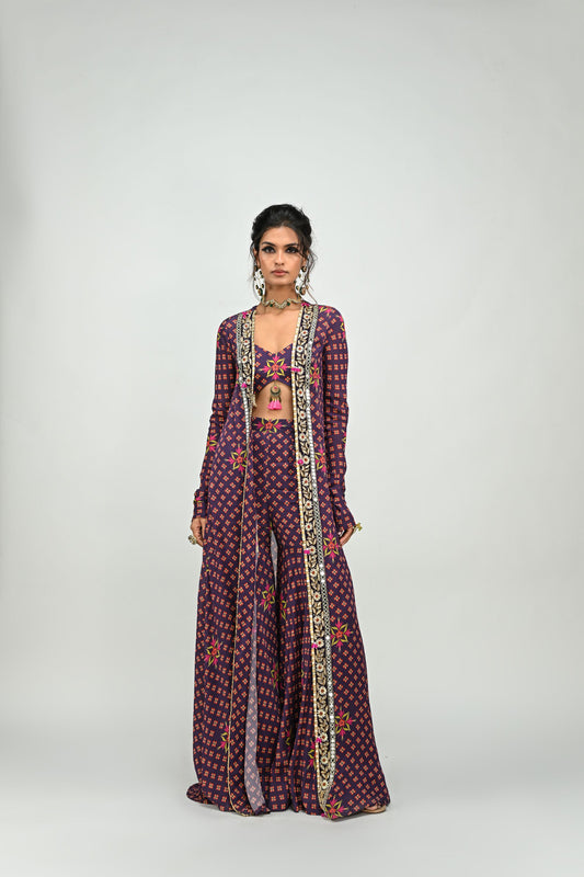 PLUM HIGHLIGHTED SHARARA BRALETTE AND LONG JACKET SET