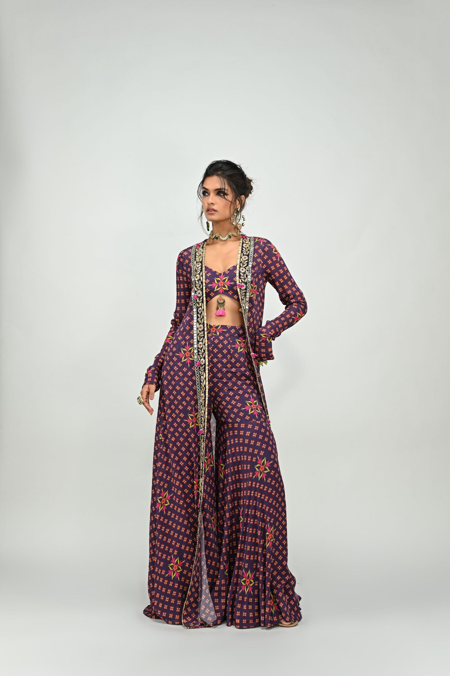 PLUM HIGHLIGHTED SHARARA BRALETTE AND LONG JACKET SET