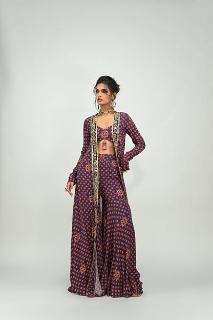 PLUM HIGHLIGHTED SHARARA BRALETTE AND LONG JACKET SET