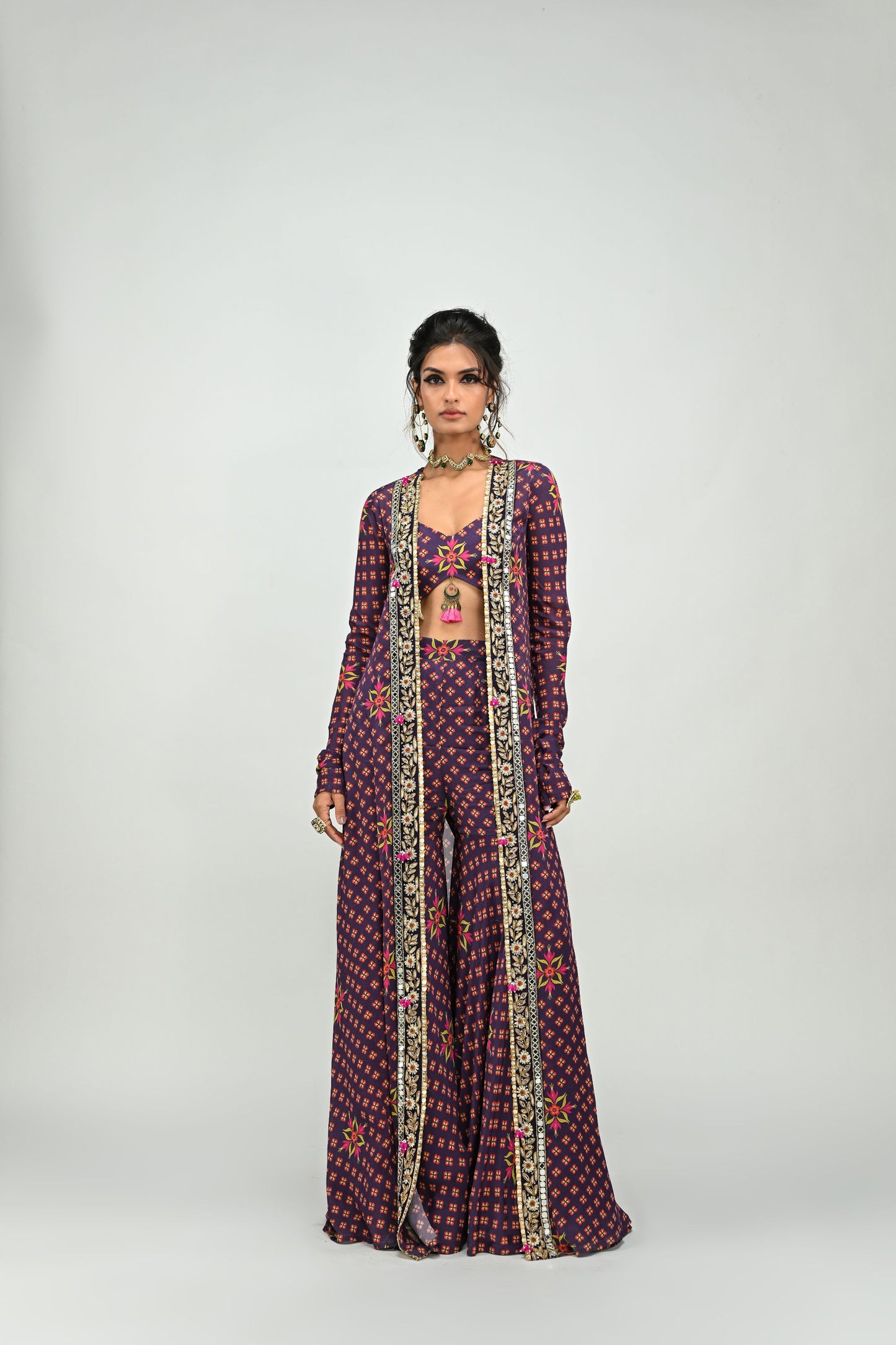 PLUM HIGHLIGHTED SHARARA BRALETTE AND LONG JACKET SET