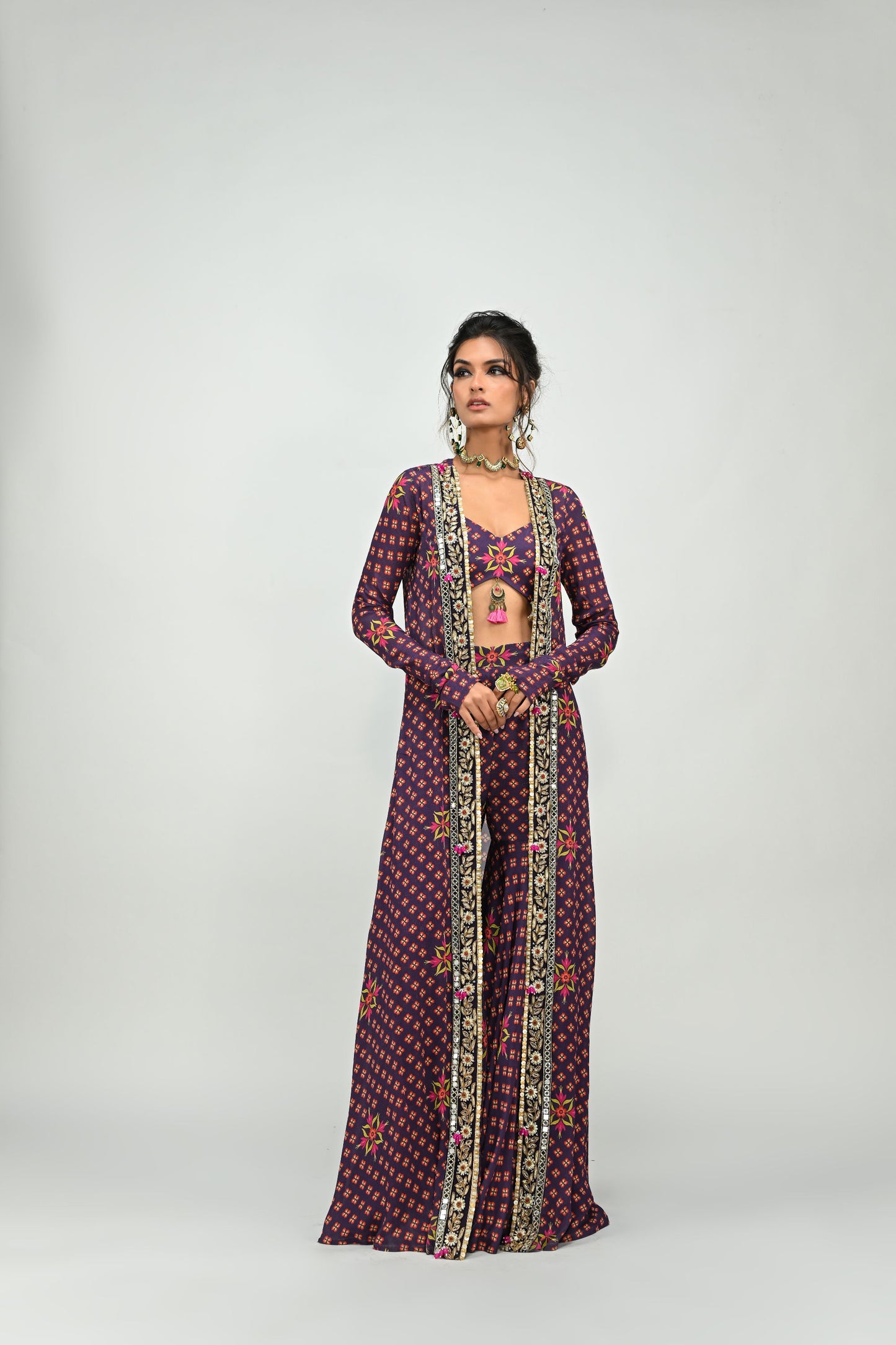 PLUM HIGHLIGHTED SHARARA BRALETTE AND LONG JACKET SET
