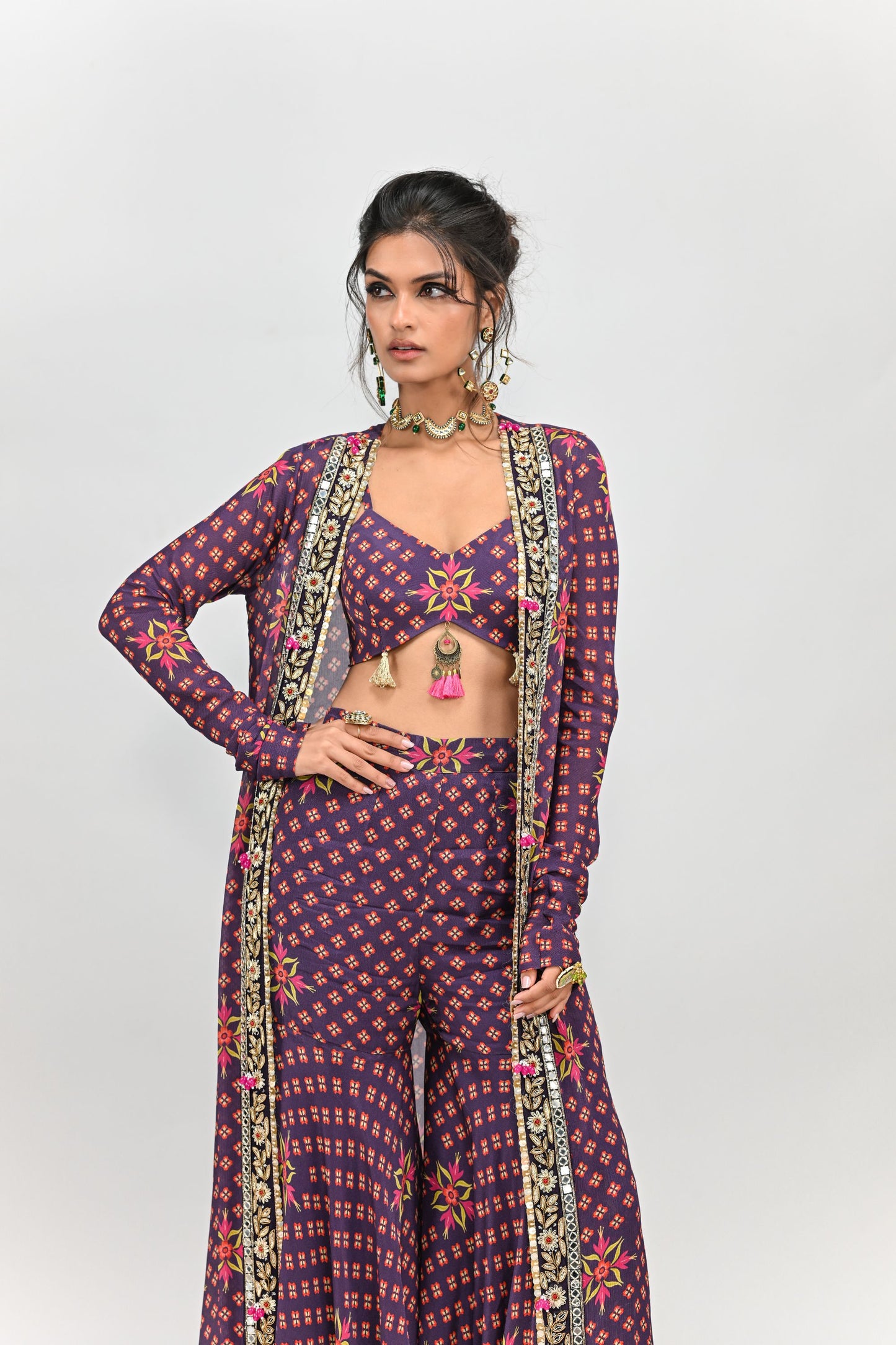 PLUM HIGHLIGHTED SHARARA BRALETTE AND LONG JACKET SET