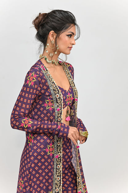 PLUM HIGHLIGHTED SHARARA BRALETTE AND LONG JACKET SET