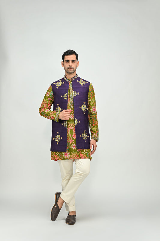 OLIVE KURTA PAIRED WITH EMBROIDERED HALF JACKET PANT SET