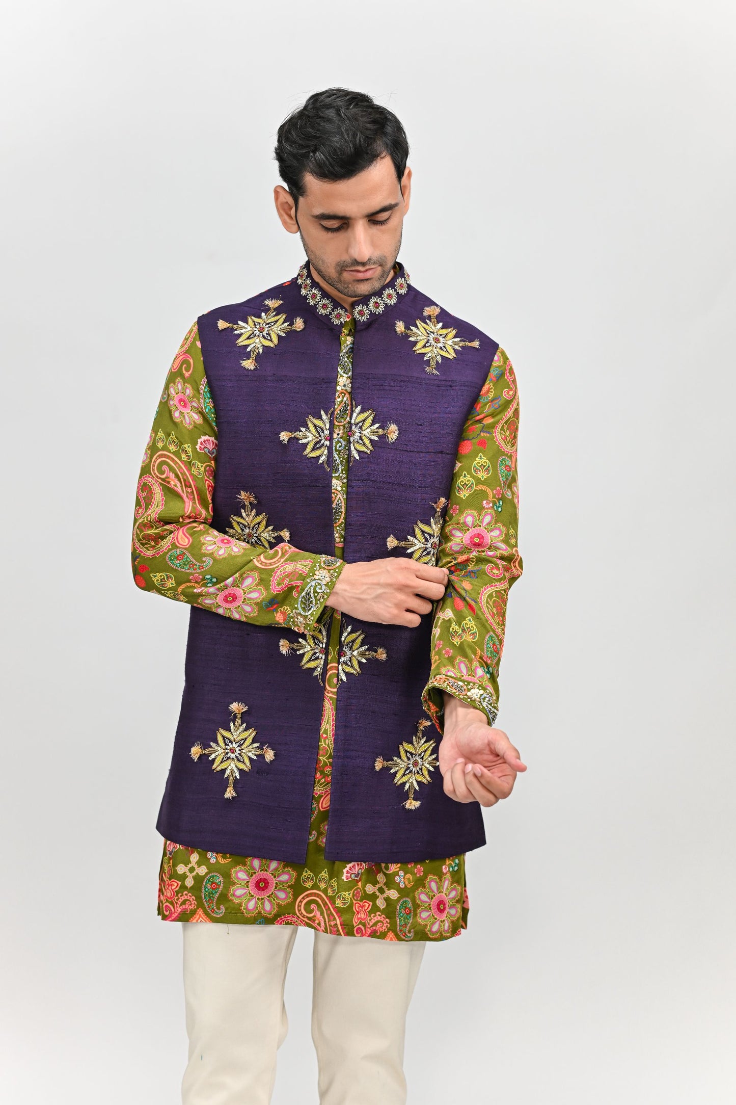 OLIVE KURTA PAIRED WITH EMBROIDERED HALF JACKET PANT SET